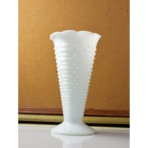 Classic White Milk Glass Hobnail Vase with scalloped edges‎ and hobnail bars